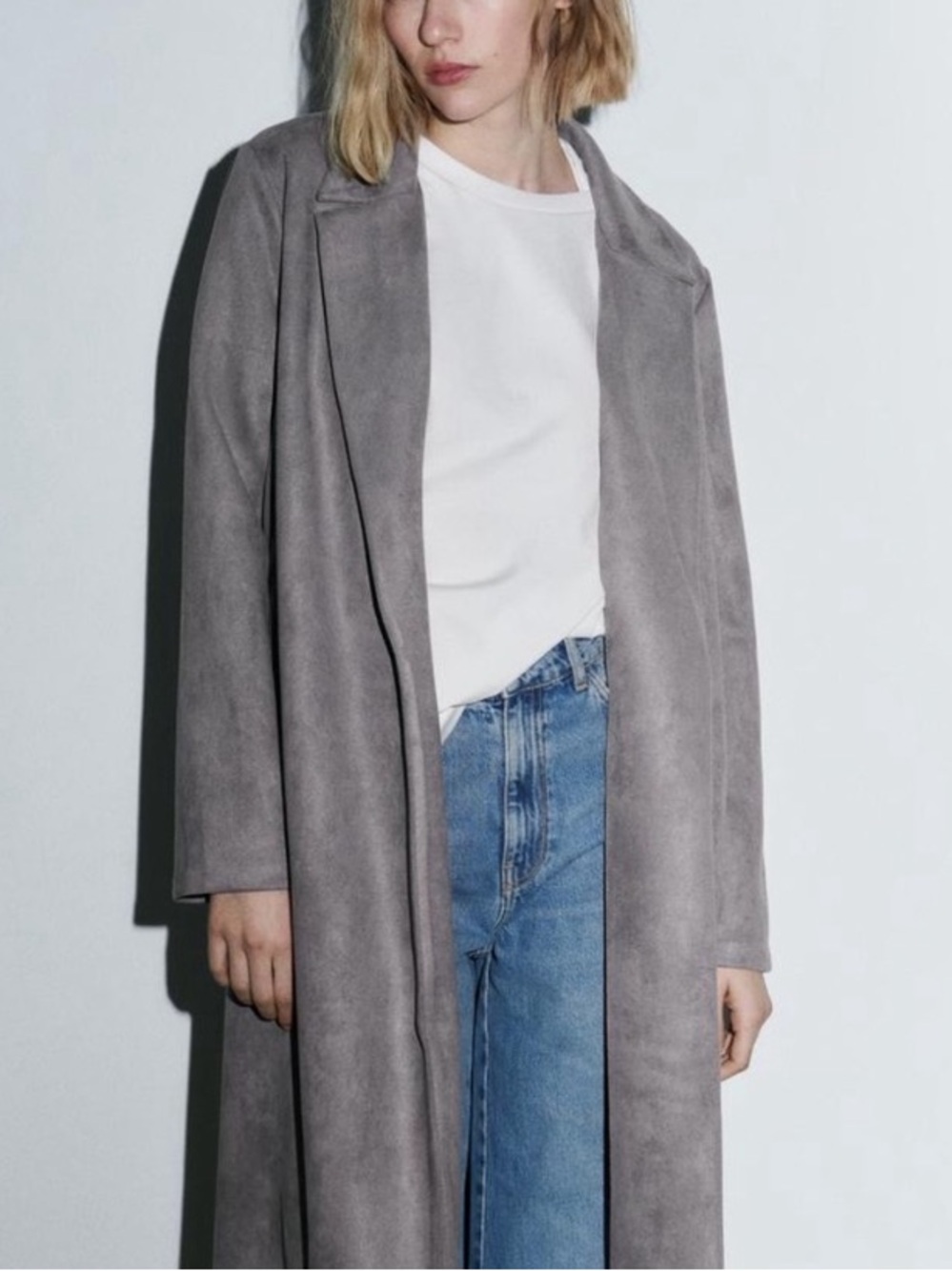 Zara Open Front Long Vegan Suede Gray Lightweight Trench Coat Jacket Size Medium